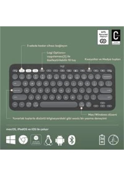 Logıtech K380s Pebble Keys 2 Çoklu Cihaz Özellikli Bluetooth Türkçe Q Klavye Gri 920-011859