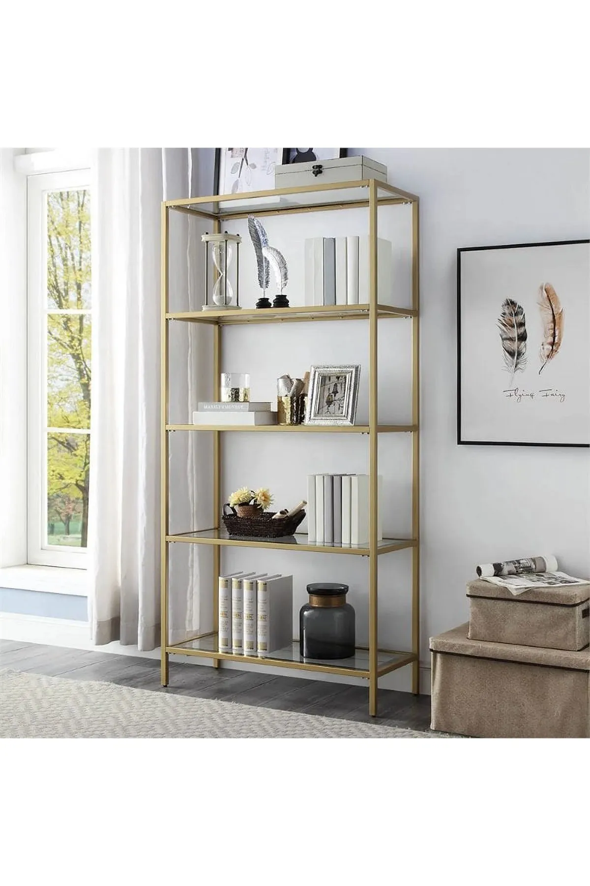 Modern 5 Katlı Metal İskeletli Cam Raflı Aksesuar Rafı Kitaplık Gold-şeffaf Modern 5 Katlı Metal İskeletli Cam Raflı Aksesuar Rafı Kitaplık Gold-şeffaf