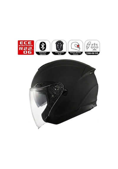Of669 Mat Black Motosiklet Kaskı Güneş Vizörlü Yarım Açık Motorcu Kask Siyah