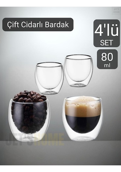 4 Lü Set Espresso Bardağı 80 Ml Kahve Bardağı Çift Cidarlı Bardak Viski Bardağı Şeffaf
