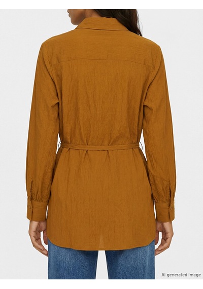 Lcw Everyday Sarı Kemerli Oversize Armürlü Kadın Gömlek Tunik