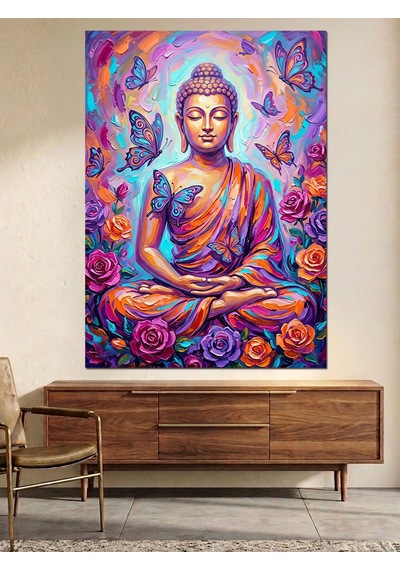 Kelebekli Ve Güllü Ve Renkli Buda Heykeli Meditasyon Yapan Dekoratif Kanvas - Mdf Ahşap Tablo Çok Renkli