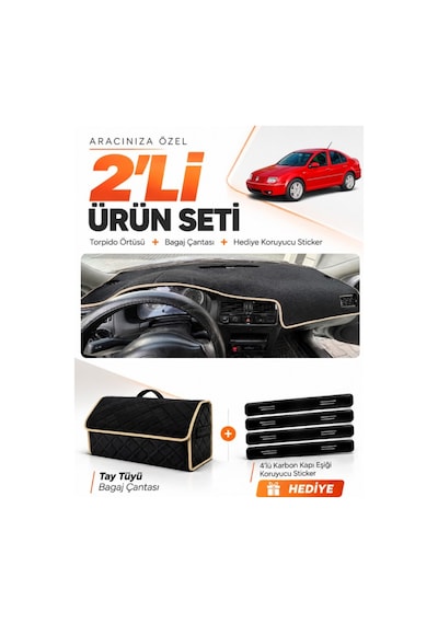 Volkswagen Bora 1998-2005 Uyumlu Torpido Örtüsü + Tay Tüyü Bagaj Çantası + Sticker - Siyah Bej