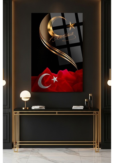 Türk Bayrağı Ve Atatürk İmzası Cam Tablo Modern Sanat Tablosu Solmayan Canlı Renkler Salon Ve Oturma Odası Anlamlı Hediye Seçeneği