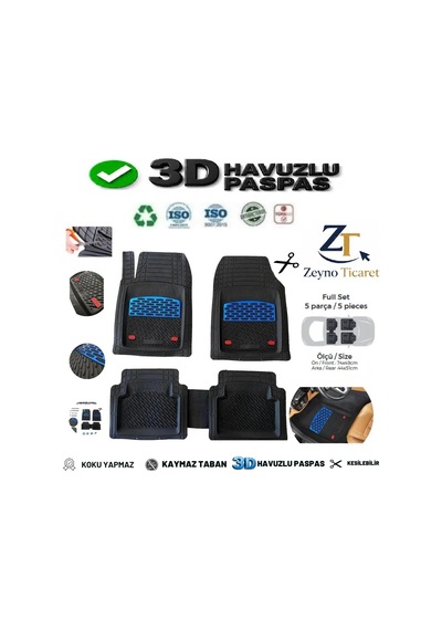 Renault Symbol 2000 4 Cm Derin Havuzlu 5 Parça 3d Universal Oto Paspas Siyah-mavi