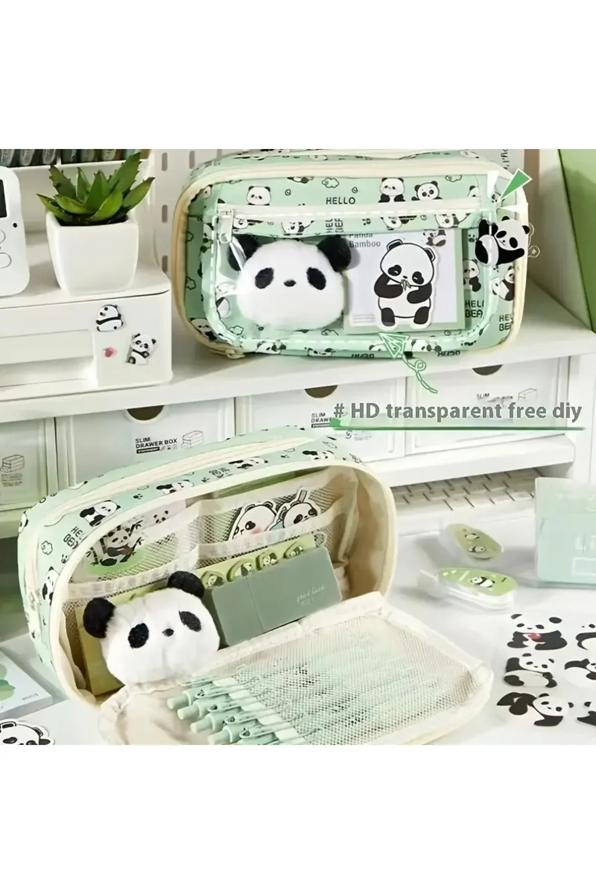 2025 Yeni - Panda Kalem Kutusu Peluş Bir Broş+ Bebek+5 Det Stickers+2 Klip Yeşil