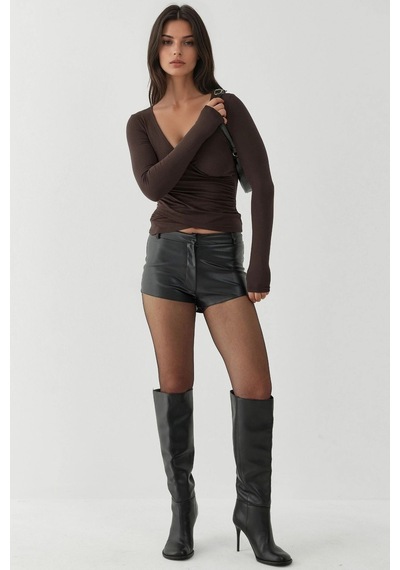 Hiccup Yumuşak Dokulu Slim Fit V Yaka Uzun Kollu Üst Koyu Mocha Kahve