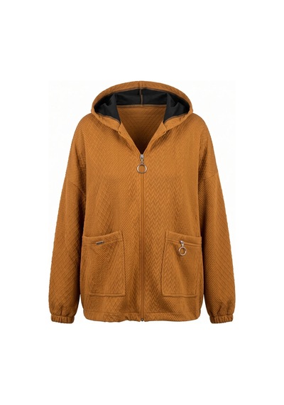 CEMO Çift Cepli Fermuarlı Kapüşonlu Desenli Sweatshirt Ceket Taba