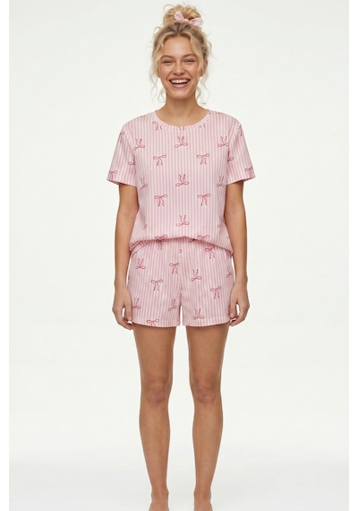Siyah İnci İnce Soft Örme Mevsimlik Şortlu Pijama Takımı 8045 Pembe Fiyonk