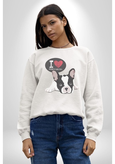 Seni Seviyorum Bulldog Unisex Beyaz Baskılı Sweatshirt Beyaz