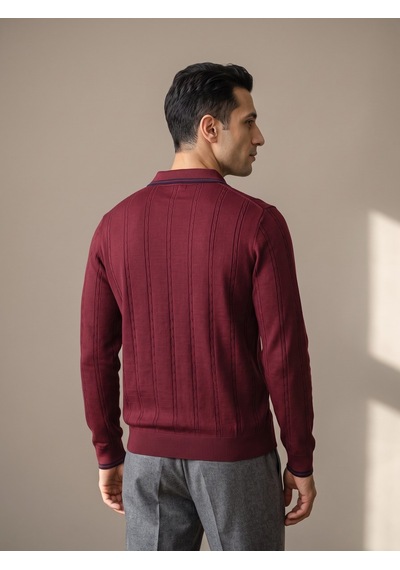Maccali Erkek Bordo Çizgili Fermuarlı Polo Yaka Triko Kazak