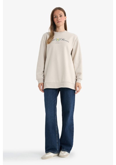 Defacto Regular Fıt Bisiklet Yaka Baskılı İçi Yumuşak Tüylü Sweatshirt Tunik F3088ax25wnbg186 Bej-bg186
