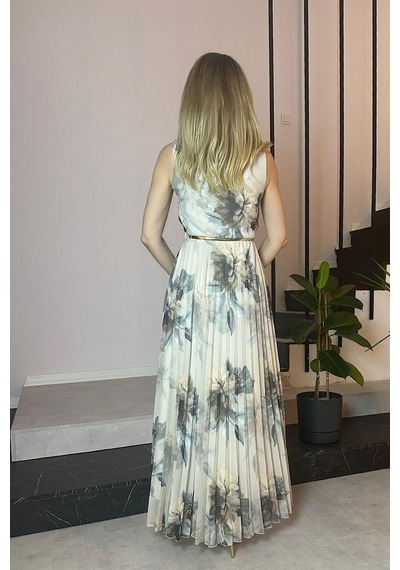 Ges Moda G0621 Kemer Detaylı Piliseli Şifon Elbise Bej-bej Bej