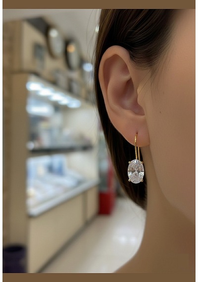 Gümüş Oval 12x8 Mm 4,5 Carat Sallantılı Altın Kaplama Tektaş Küpe Sarı