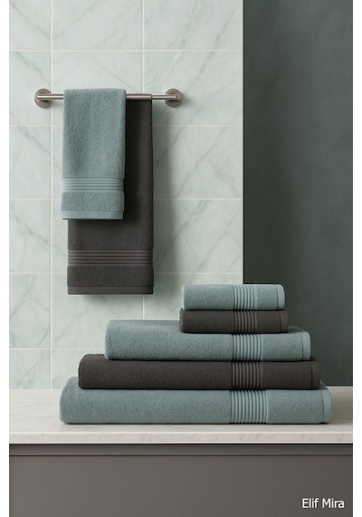 6 Parça Banyo Havlusu Seti Pamuklu 70x140 Cm Serenio Antrasit-mint