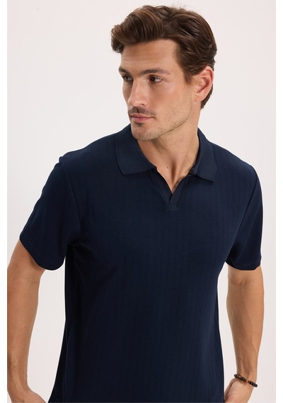 Tudors Erkek Slim Fit Dar Kesim Pamuklu Kısa Kollu Çizgili Lacivert Polo V Yaka Tişört-51125