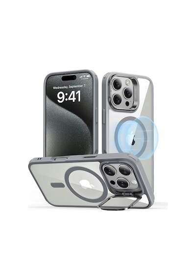 Apple Uyumlu iPhone Esr 16 Pro Max Kılıf Halolock Magsafe Classic Hybrid Standlı Silikon Şeffaf Gri