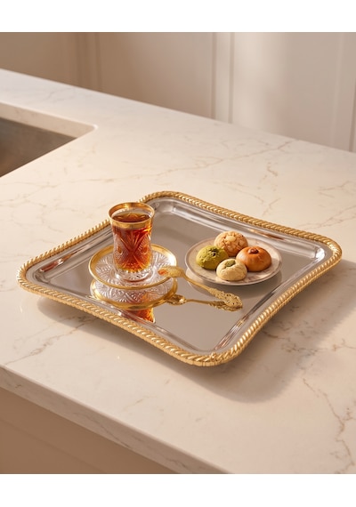Mina Söz Nişan Ve Kahve Sunum Tepsisi Gold İtalyan Burgu Çerçeveli Ayna Tabanlı Çeyizlik Tepsi Altın - Gold