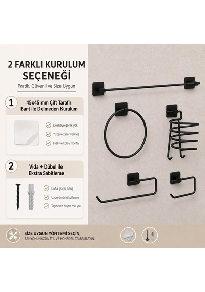 Alper Banyo 5 Li Siyah Banyo Seti, Yapışkanlı Ve Vidalı Montajlı,