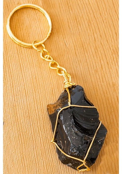 Sertifikalı Gold Siyah Obsidyen Taşı Anahtarlık - Tel Sargılı