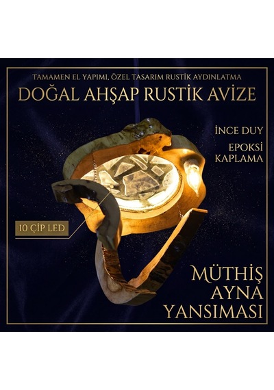 Doğal Ahşap Kütük Epoksi Avize - Kırık Ayna Detaylı Zincir Askılı Özel Tasarım Sarkıt Avize Açık Kahverengi