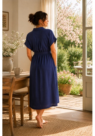 Luvmabelly Myra5861 Doğal Yumuşacık Müslin Kumaş - Yazlık Gömlek Hamile Elbise - Lacivert