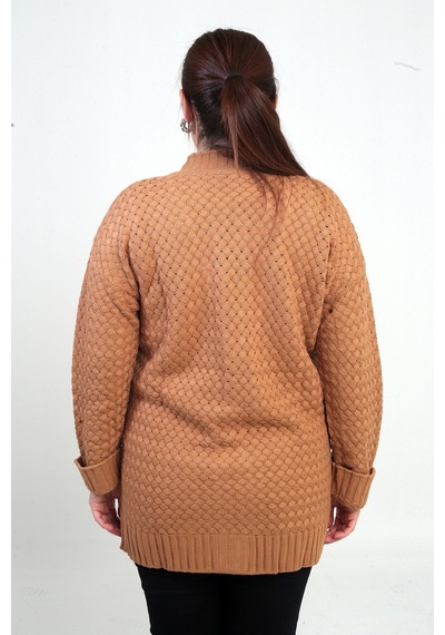 By Saygı Kadın Sepet Örgü Model Cepli Tunik Hırka Camel