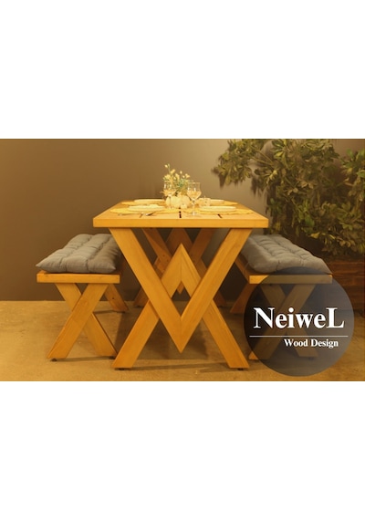 Neiwel Garden Venus Doğal Ahşap Banklı Bahçe Masa Takımı-70-140 Takım Açık Ceviz