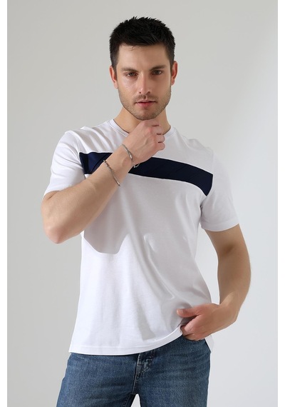 Erkek İki Renk Parçalı Bisiklet Yaka T-shirt - Pamuklu Tişört Beyaz