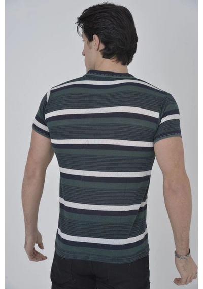 Erkek Polo Yaka Tişört Slim Fit Dokuma Çizgili Kısa Kol T-shirt - Haki