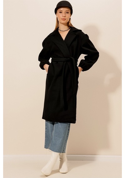 Kaşe Kuşaklı Oversize Kaban Siyah