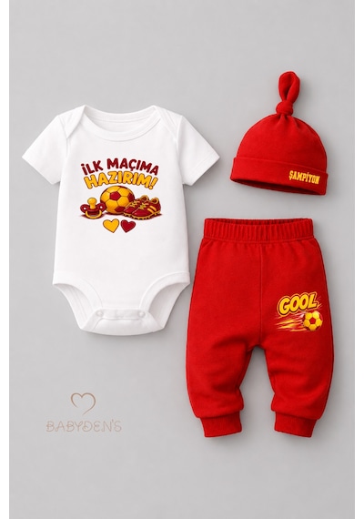 Babyden's Bebek 3'lü Takım Sarı Kırmızı Taraftar Temalı Kısa Kol %100 Pamuk Yenidoğan Seti İlk Maçıma Hazırım