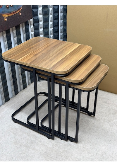 3 Lü Zigon Sehpa Seti Metal Ayaklı Ahşap Desen Tabla Modern Tasarım Amalfi Cevizi