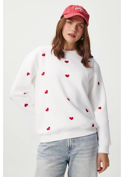 Kadın Pretty Beyaz Kırmızı Minik Kalp Sweatshirt Beyaz - Kırmızı