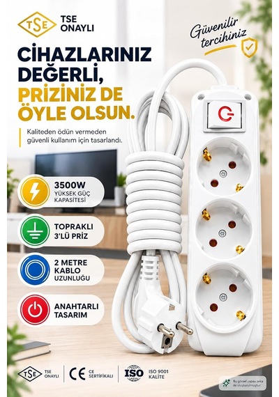 3 Lü Priz 2 Metre Uzatma Kablosu Anahtarlı Topraklı 3500w Işıklı Aç-kapat Düğmeli Grup Priz Ce Tse Iso 9001 Belgeli Almera Tüm Elektronik Cihazlarla Uyumlu Diğer