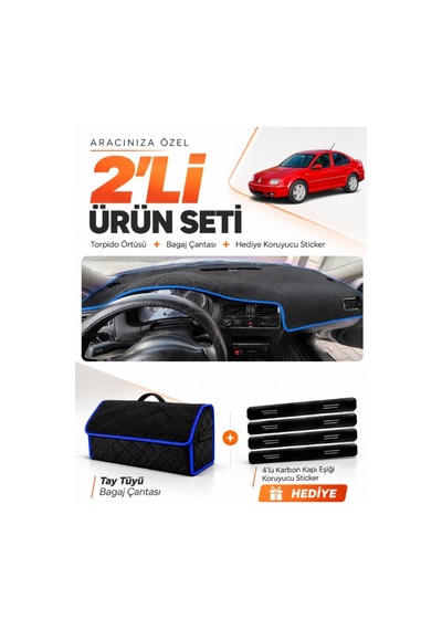 Volkswagen Bora 1998-2005 Uyumlu Torpido Örtüsü + Tay Tüyü Bagaj Çantası + Sticker - Siyah Mavi