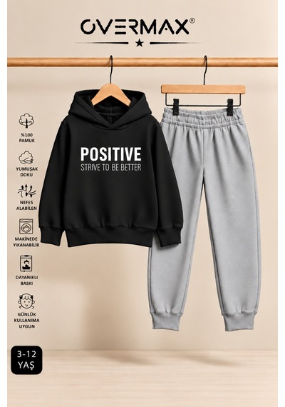 Overmax Positive Baskılı Çocuk Kapüşonlu Eşofman Takımı 3-12 Yaş Siyah Üst-gri Alt - 921413254 Siyah Üst-gri Alt