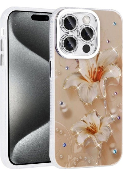 Apple Uyumlu iPhone 15 Pro Kılıf Çiçek Desenli Parlak Taşlı Sert Silikon Zore Garden Kapak Pembe Açık