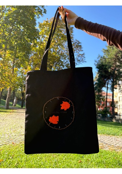 Bolergıashop Fall O'clock Tasarım Canvas Omuz Çantası Siyah Punch İşleme