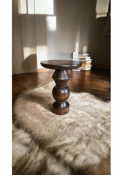 Wood Wooden Ahşap Tekli Mantar Yan Sehpa Modern Ceviz Renk Fiskos