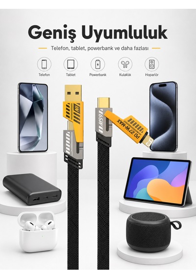 65w Hızlı Şarj Kablosu 4in1 - Araçta Kullanıma Uygun - Type-c To Usb - Type-c To Lightning 27w Pd Destekli - İphone Android Macbook Uyumlu