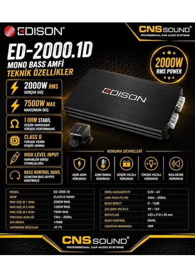 Edison Ed-2000.1d Mono Bass Amfi 2000 Rms Class D Bass Kontrol Dahil