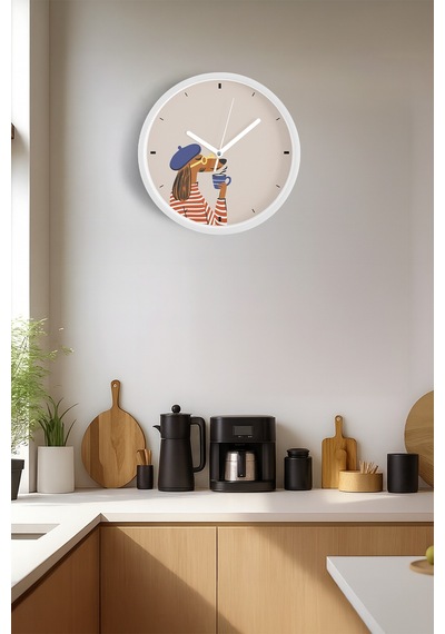 Kahve İçen Fransız Tarzı Köpek İllüstrasyonu Modern Duvar Saati - 25cm - Önü Camlı Beyaz Kasa-jh0650 Beyaz