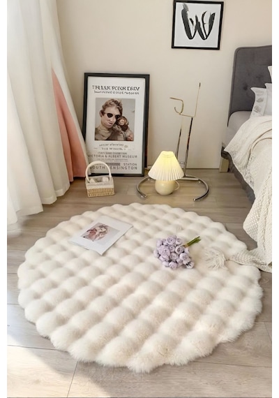 My Evilla Bubble Yuvarlak Krem Uzun Tüylü Yumuşak Peluş Kaymaz Yıkanabilir Salon Oturma Odası Balkon Halı