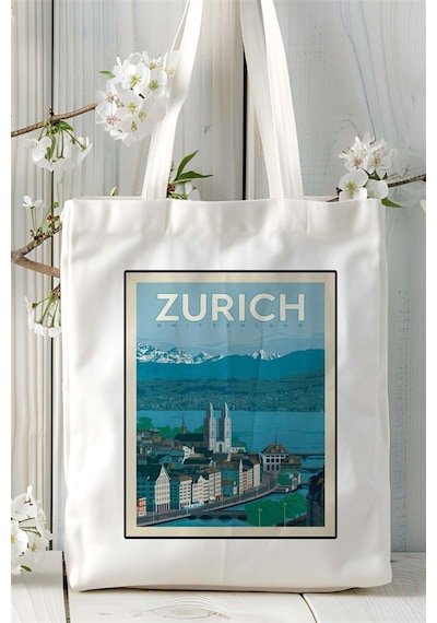 Art Hediye Zurich Zürih Baskılı Bez Çanta Omuz Çantası Kişiye Özel Desen 2 Çok Renkli