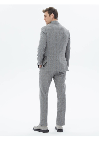 Gri Çizgili Modern Fit Yün Karışımlı Takım Elbise Gri