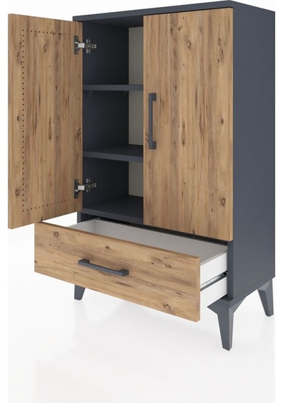 Arges Komodin 2 Raflı Tek Çekmeceli 2 Kapaklı 60x30x96 Antrasit-çam Antrasit