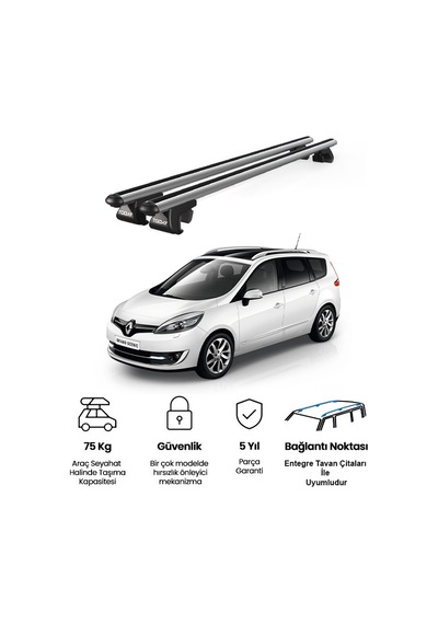 Venüs Renault Scenic 7 Posti 2013-2016 Uyumlu Gri Ara Atkı Port Bagaj Tavan Barı