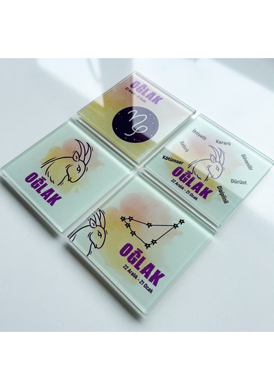 Decorita Cam Bardak Altlığı Burçlar - Oğlak Burcu 4'lü Takım Çok Renkli