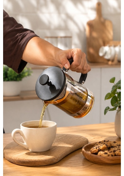 Porsima Smartpan Bv008 French Press Paslanmaz Çelik Süzgeçli Cam Bitki Çayı Demliği Kahve Presi - 800 Ml Siyah